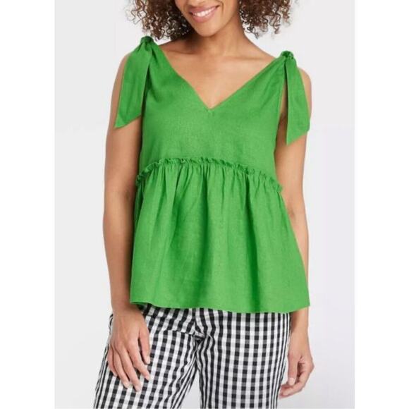 Who What Wear Linen Kelly Green High Waist Top Blouse LARGE Summer Flowy NWOT - Picture 2 of 12